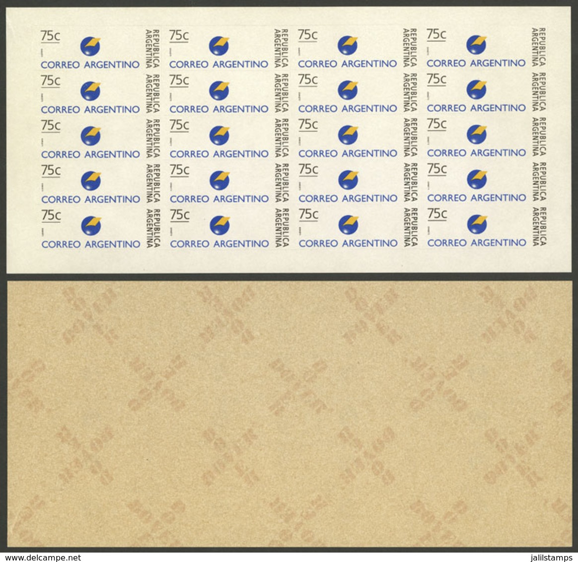 ARGENTINA: GJ.2704B, 1995 75c. Post Logo, Complete Sheet Of 20 Stamps Printed On Self-adhesive Paper On Brown Support Pa - Other & Unclassified