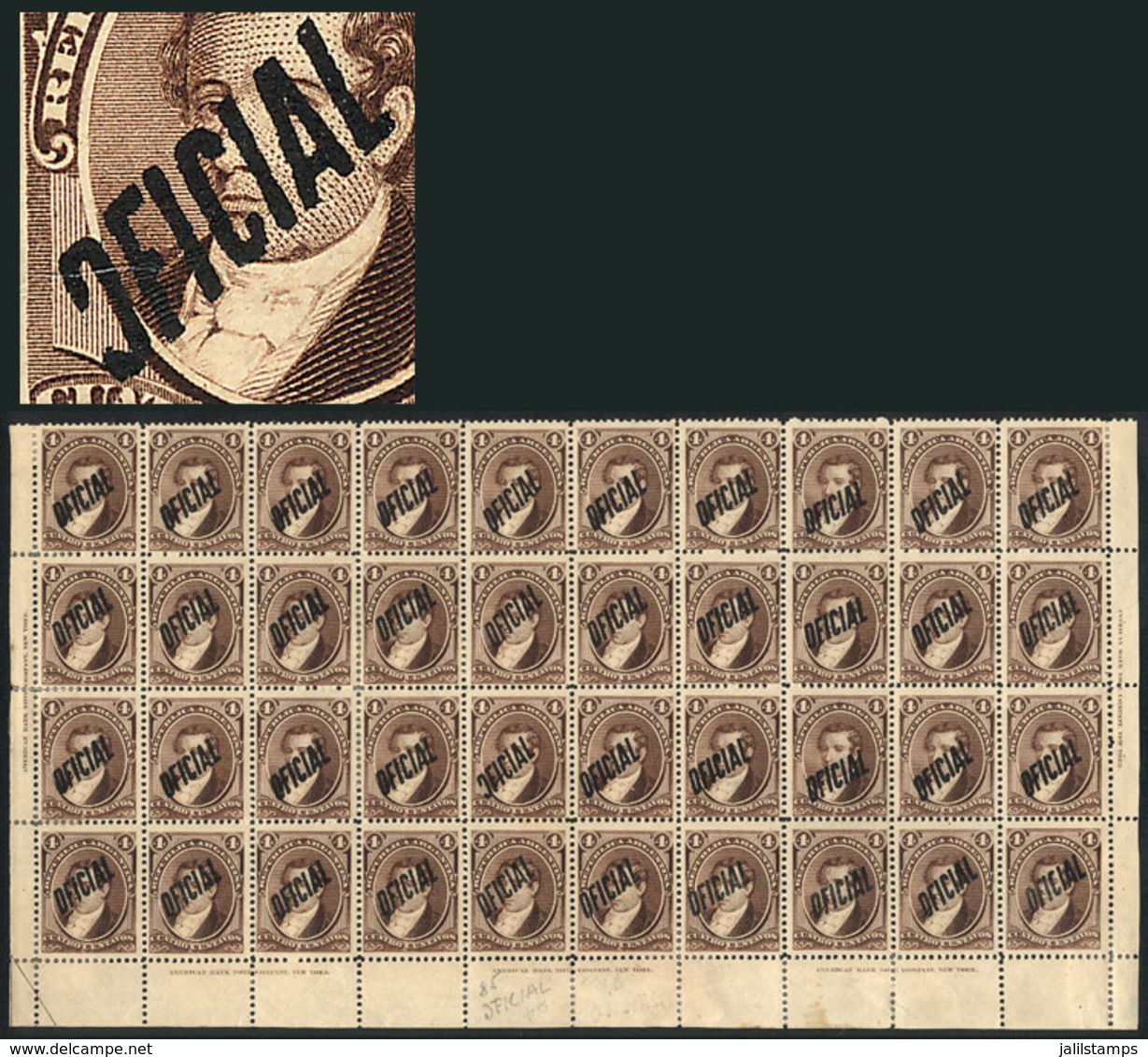 ARGENTINA: GJ.15 + 15b, 1884 Moreno 4c., Fantastic Block Of 40 Stamps (lower Part Of The Sheet) That Includes The Variet - Officials