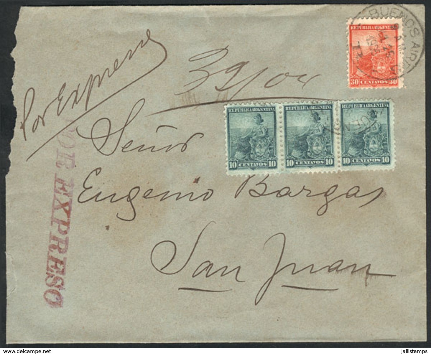 ARGENTINA: Express Cover Sent From Buenos Aires To San Juan On 25/JUL/1905, Franked With 60c. (GJ.224 Strip Of 3 + 233), - Préphilatélie