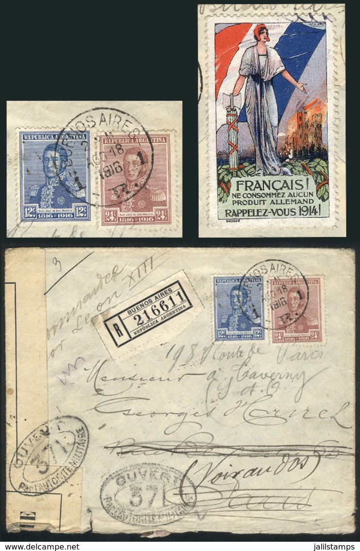 ARGENTINA: 18/AU/1916 Buenos Aires - France: Registered Cover Franked With  36c. (GJ.414 + 416) And French Patriotic Cin - Prephilately