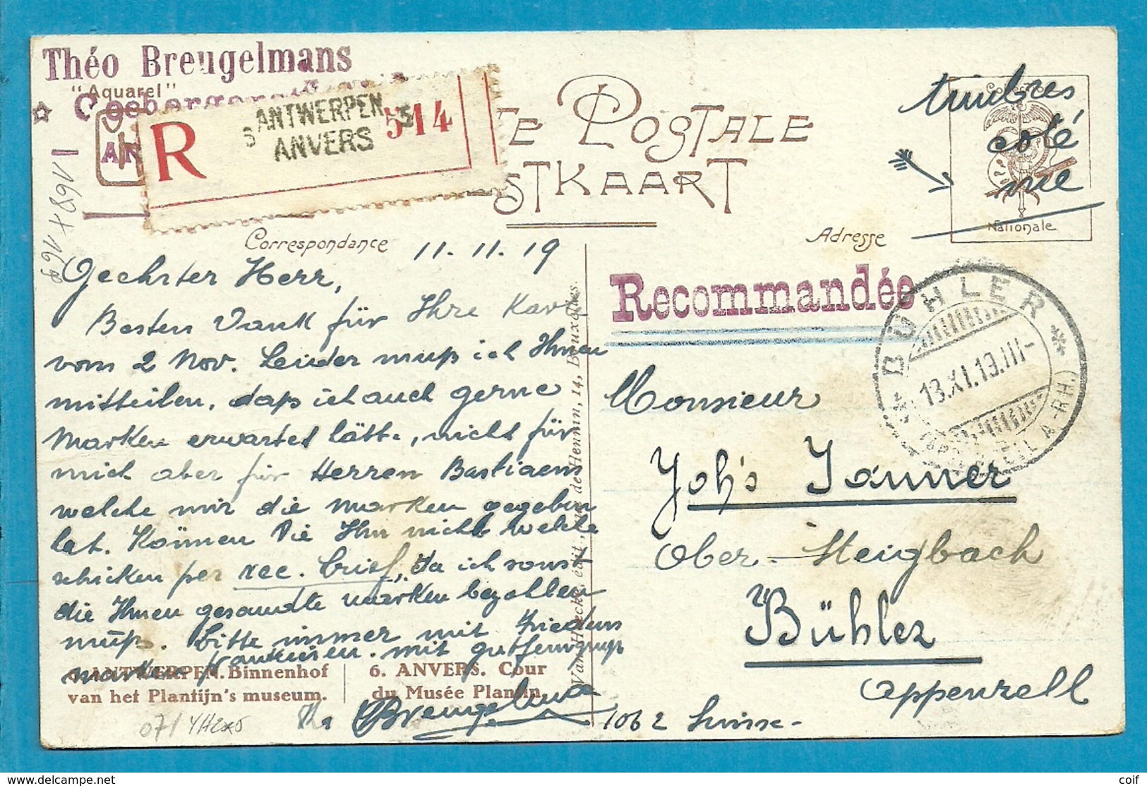 135+136+137+168+169 Op Kaart Aangetekend Stempel ANTWEERPEN 5 Naar BUHLER (Suisse) - 1919-1920 Behelmter König