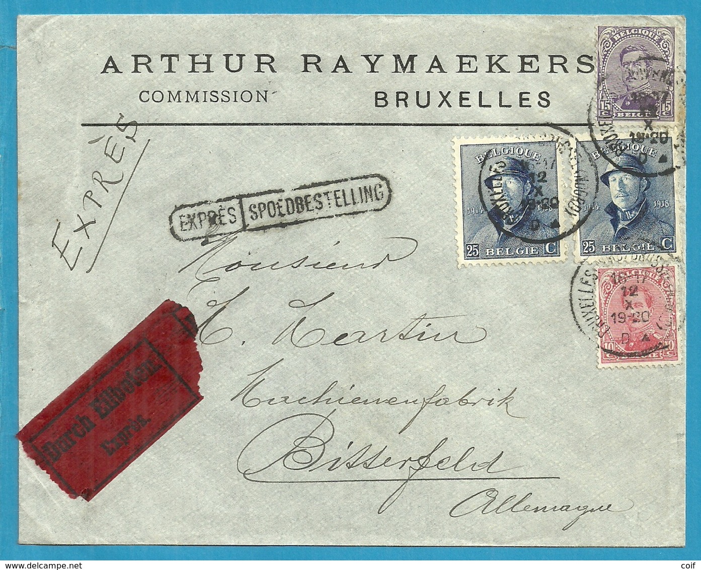 138+139+171 Op Brief Per EXPRES Met Stempel BRUXELLES Naar Bitterfeld (Allemange), Strookje DURCH EILBOTEN - 1919-1920 Roi Casqué