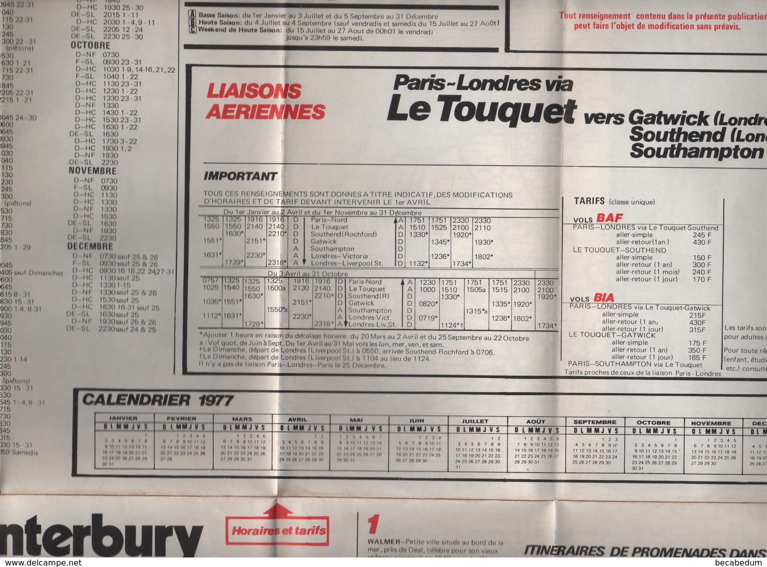 Boulogne Sur Mer GB Horaires Des Liaisons Transmanche Esso Aéroglisseur Aviation 1977 - Spoorweg