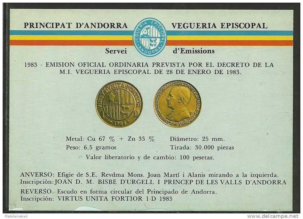 ANDORRA VEGUERIA EPISCOPAL - TARJETA PUBLICITARIA ANUNCIANDO  LA PIEZA DE 1 DINER 1983 CON PUBLICIDAD AL DORSO. - Bischöfliche Viguerie