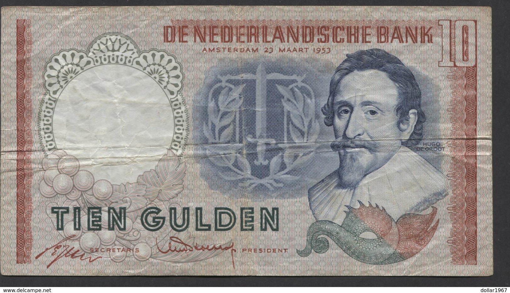 Netherlands 10 Gulden, 23-3-1953  -  DHY 015447  - See The 2 Scans For Condition.(Originalscan ) - 10 Gulden