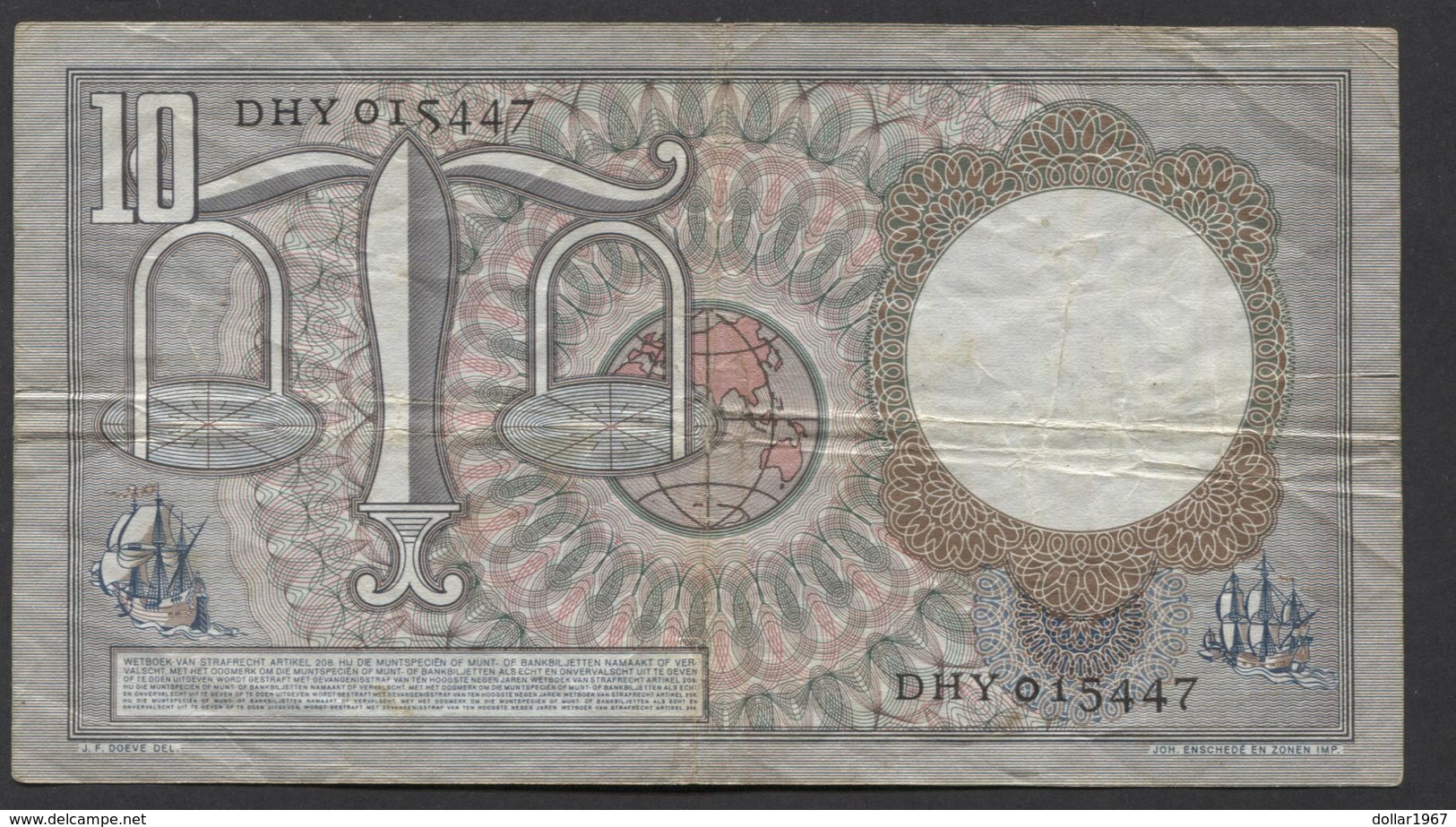 Netherlands 10 Gulden, 23-3-1953  -  DHY 015447  - See The 2 Scans For Condition.(Originalscan ) - 10 Gulden