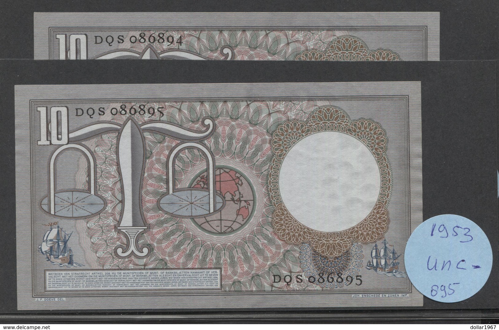 Netherlands 10 Gulden, 23-3-1953  -  DQS 086804 + DQS 086895  UNC- / P - See The 2 Scans For Condition.(Originalscan ) - 10 Gulden