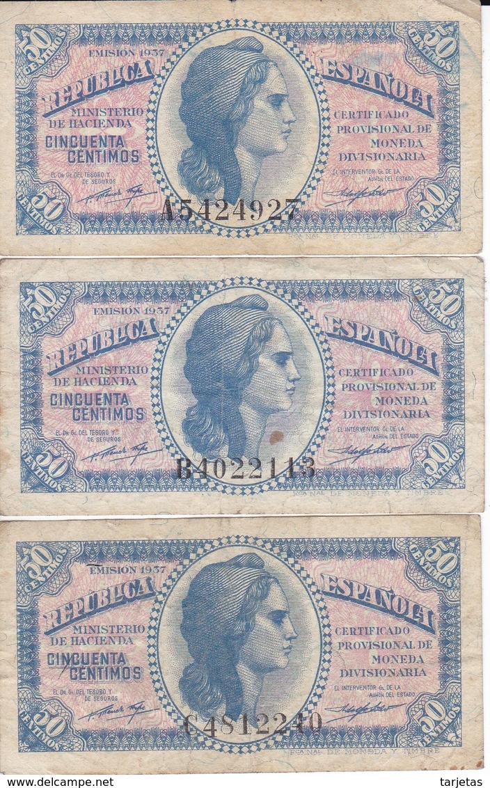 SERIE COMPLETA DE 3 BILLETES DE 50 CTS DEL AÑO 1937 SERIES A-B-C  (BANKNOTE) - Sonstige & Ohne Zuordnung