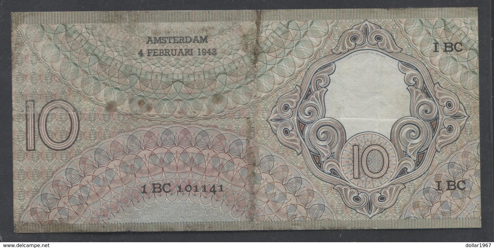 Netherlands 10 Gulden 4-1-1943 -22-4-1944 , No 1 BC 101141 Replacement  - See The 2 Scans For Condition.(Originalscan ) - 10 Gulden