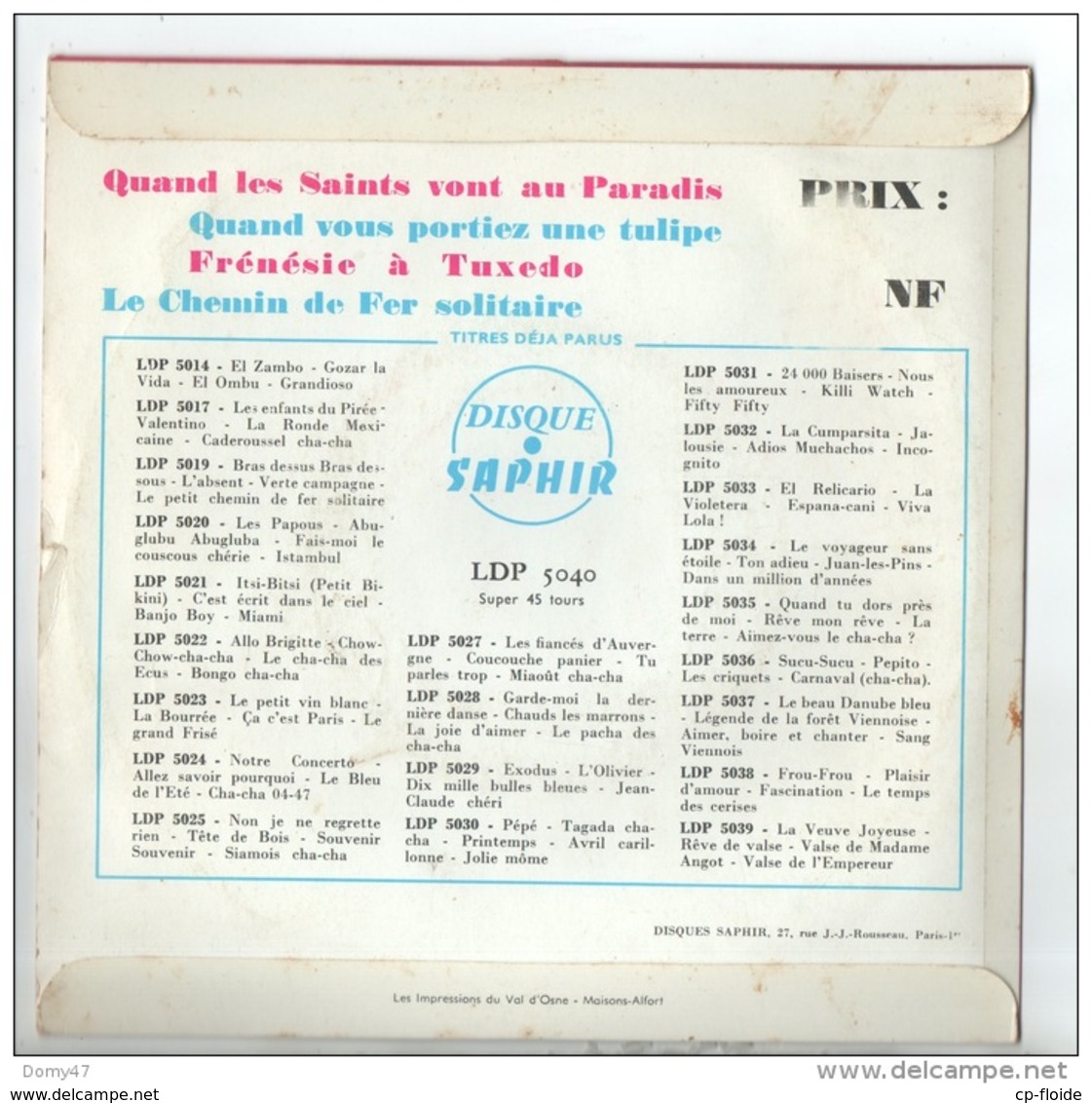 DISQUE 45T . 4 SUCCÈS DE SIDNEY BECHET INTERPRÉTÉ PAR JOE BROWN ET SA FORMATION - Réf. N°2D - - Jazz