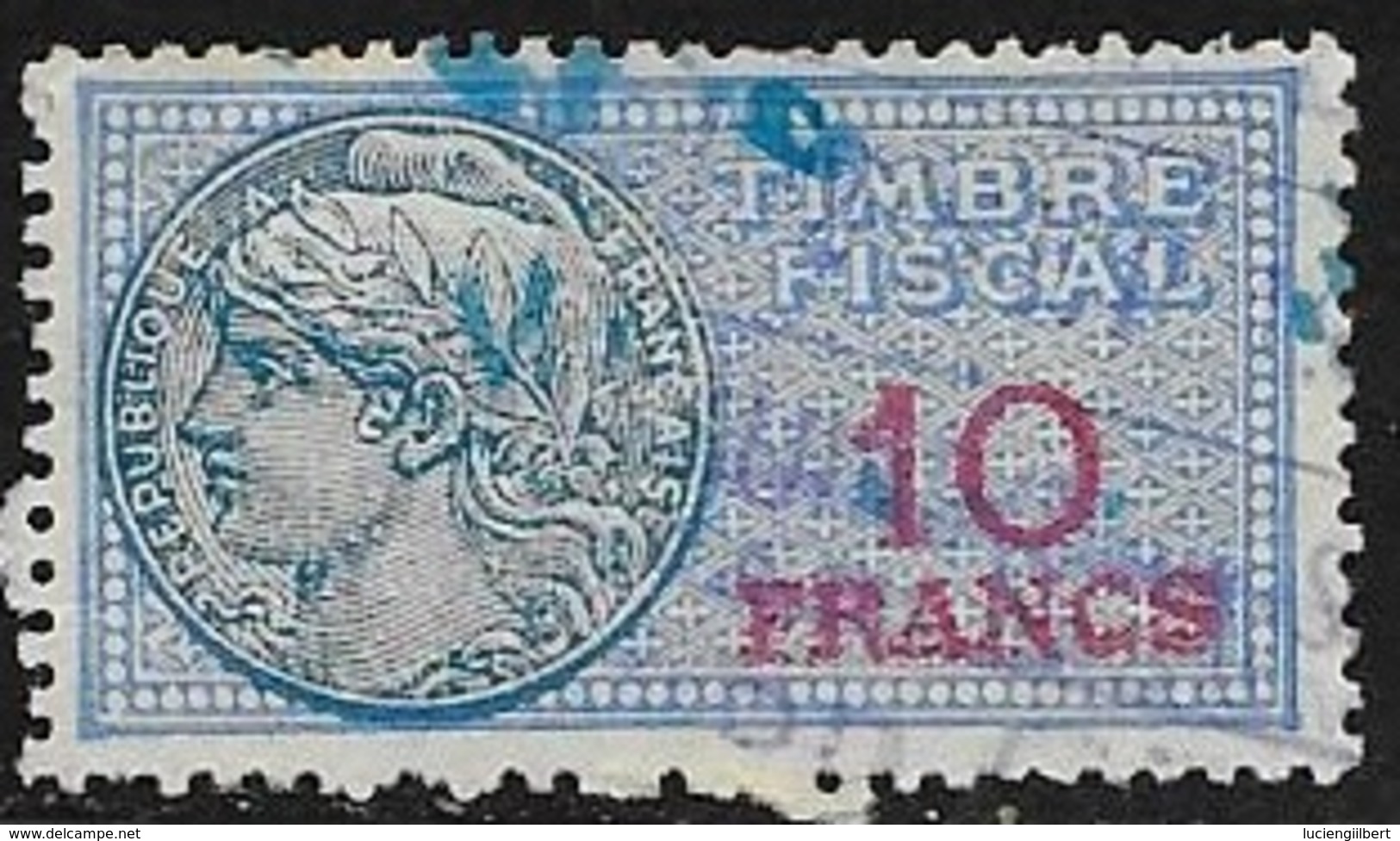 TIMBRE FISCAL N° 142  -  10 F    BLEU   SUR ROUGE   -  MEDAILLON DE DAUSSY ETOILE -  OBLITERE - Stamps