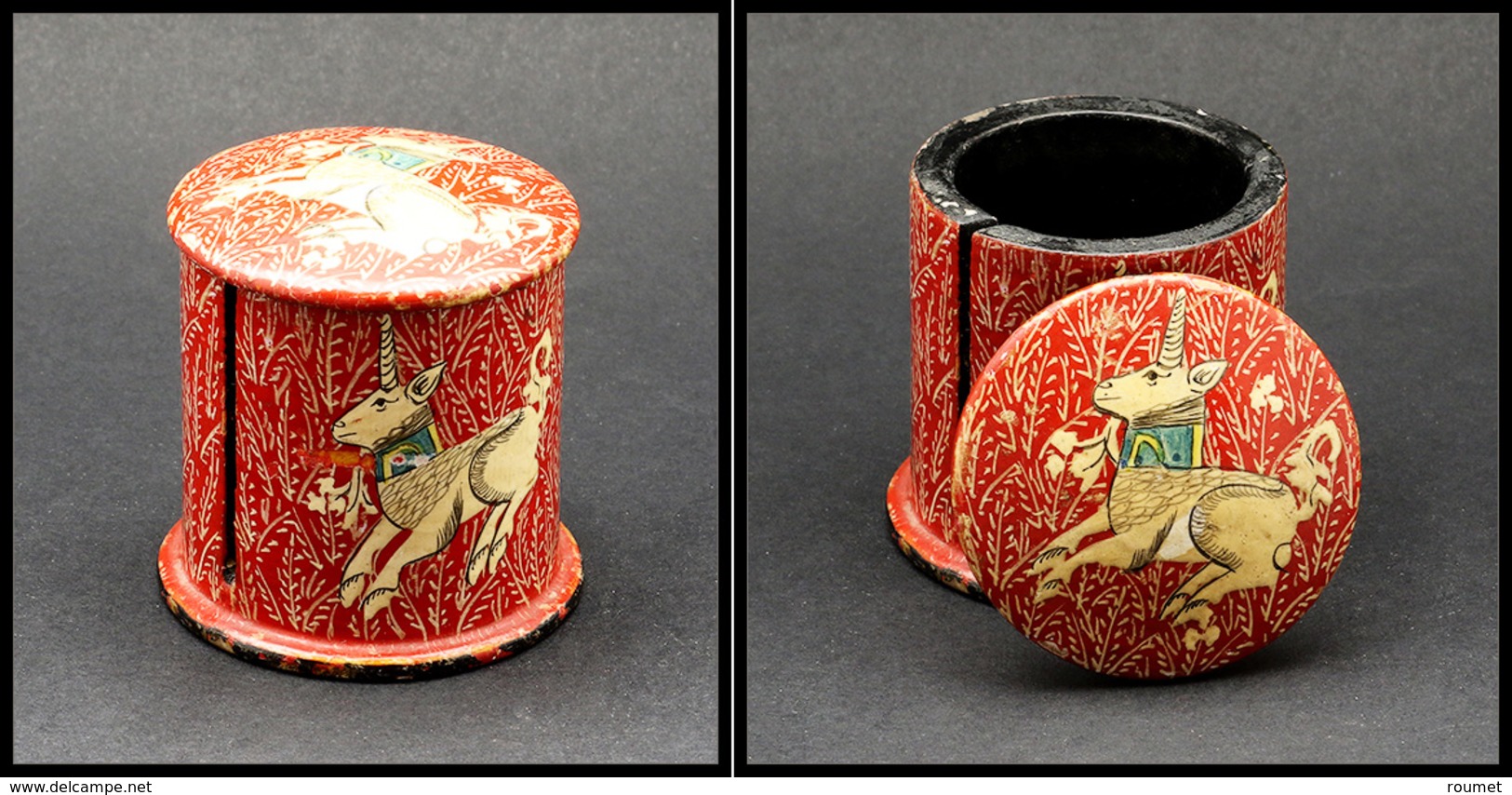 Distributeur De Roulettes. Modèle En Papier Mâché, Peint Main,à Décor De Licorne, Diam.55, H.50mm. - TB - Boites A Timbres