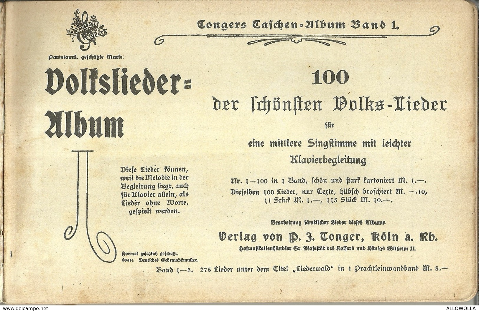3551 "TONGERS TASCHEN ALBUM Bd. 1-100 VOLKS LIEDER - 1913" 188 PAGINE- ORIGINALE - Musique
