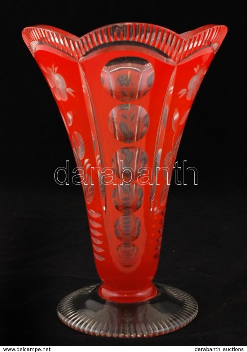 Virágmotívumos Metszett, Többrétegű üvegváza, Jelzés Nélkül, Csorbákkal, M: 27 Cm - Glass & Crystal