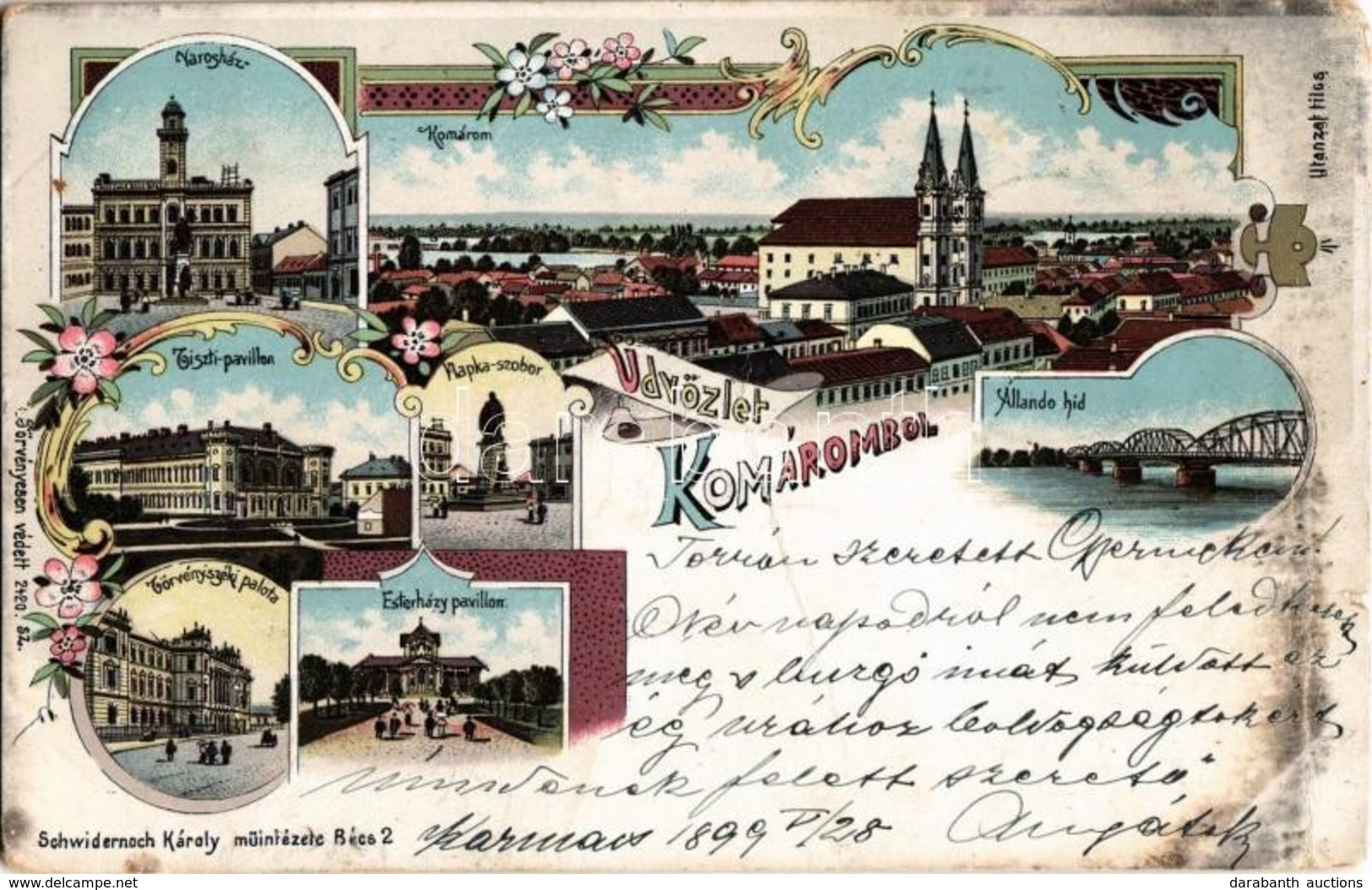 T3 1899 Komárom, Komárnó; Városház, Állandó Híd, Klapka Szobor, Tiszti Pavilon, Törvényszéki Palota, Esterházy Pavilon / - Zonder Classificatie