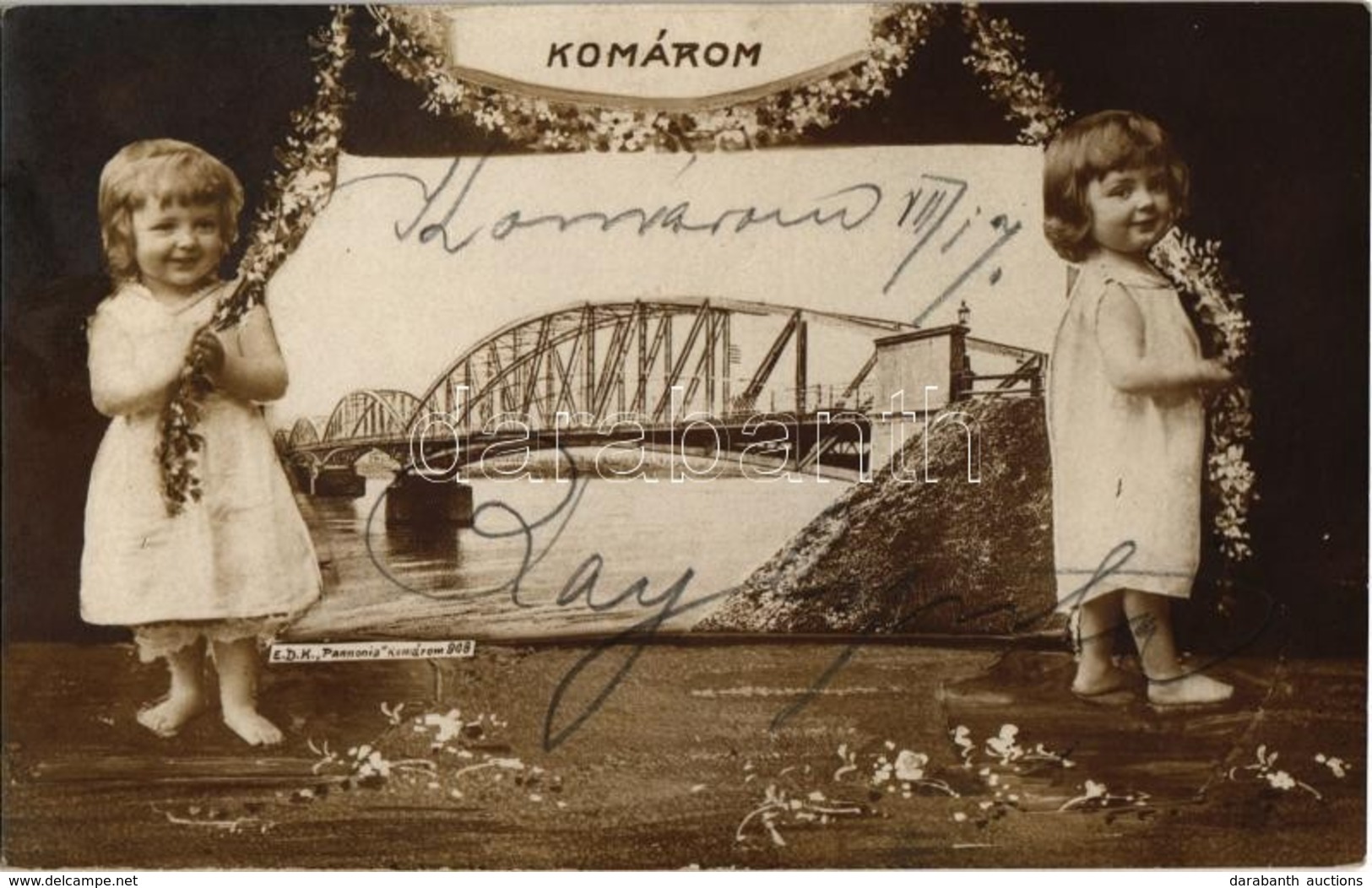 T2 Komárom, Komárnó; Híd. Montázs Kislányokkal és Virágokkal / Bridge. Montage With Little Girls, Floral - Zonder Classificatie