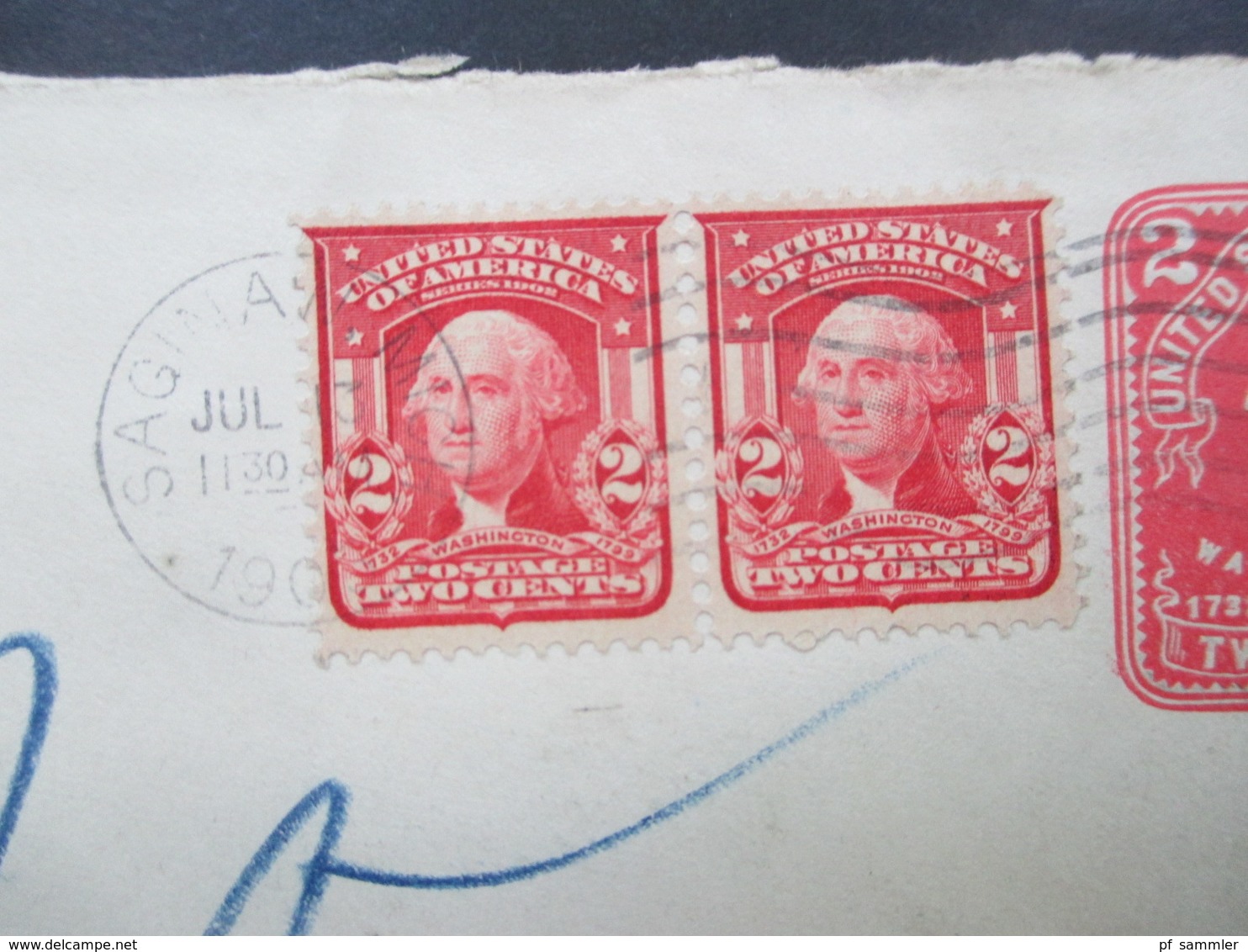 USA 1905 GA Umschlag Mit 2 Zusatzfrankaturen Saginaw Michigan - Hamburg Mit Nachporto Stempel T 20 Centimes - Briefe U. Dokumente