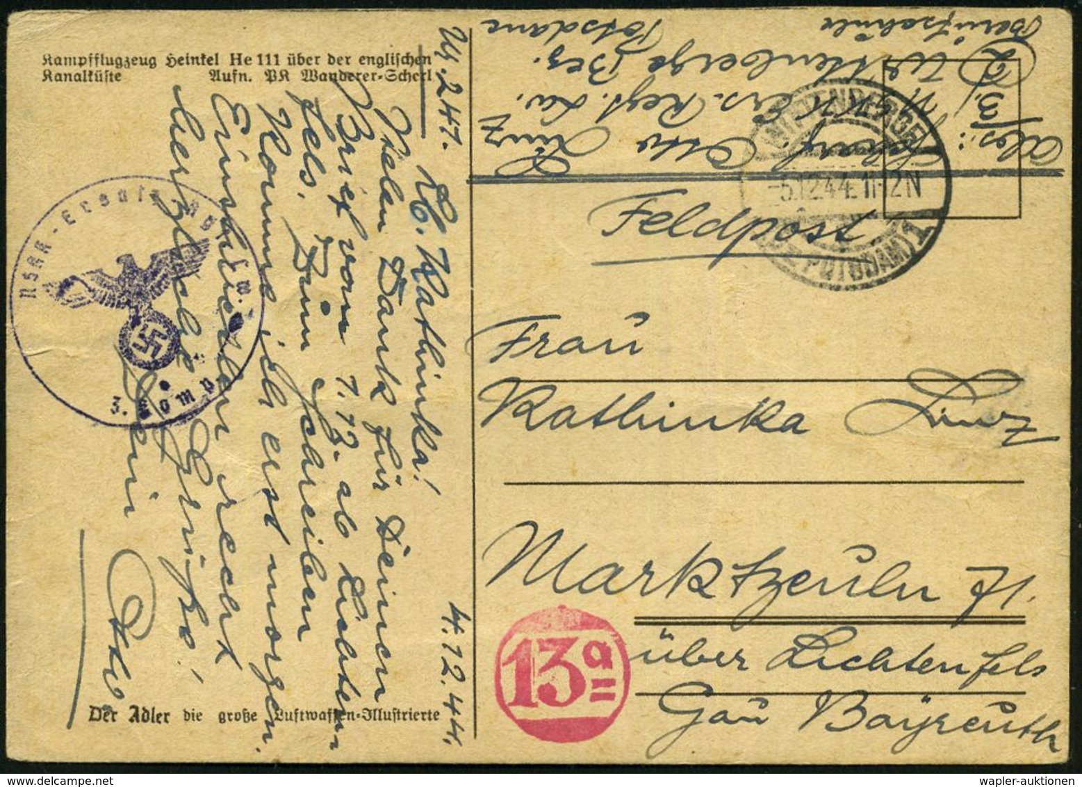 WITTENBERG/ (Bz.POTSDAM) 1 1944 (5.12.) 1K-Brücke + Viol. 1K-HdN: N S K K - Ersatz-Rgt. L(uft)w.(affe)/ 3. Komp. + Hs. A - 2. Weltkrieg