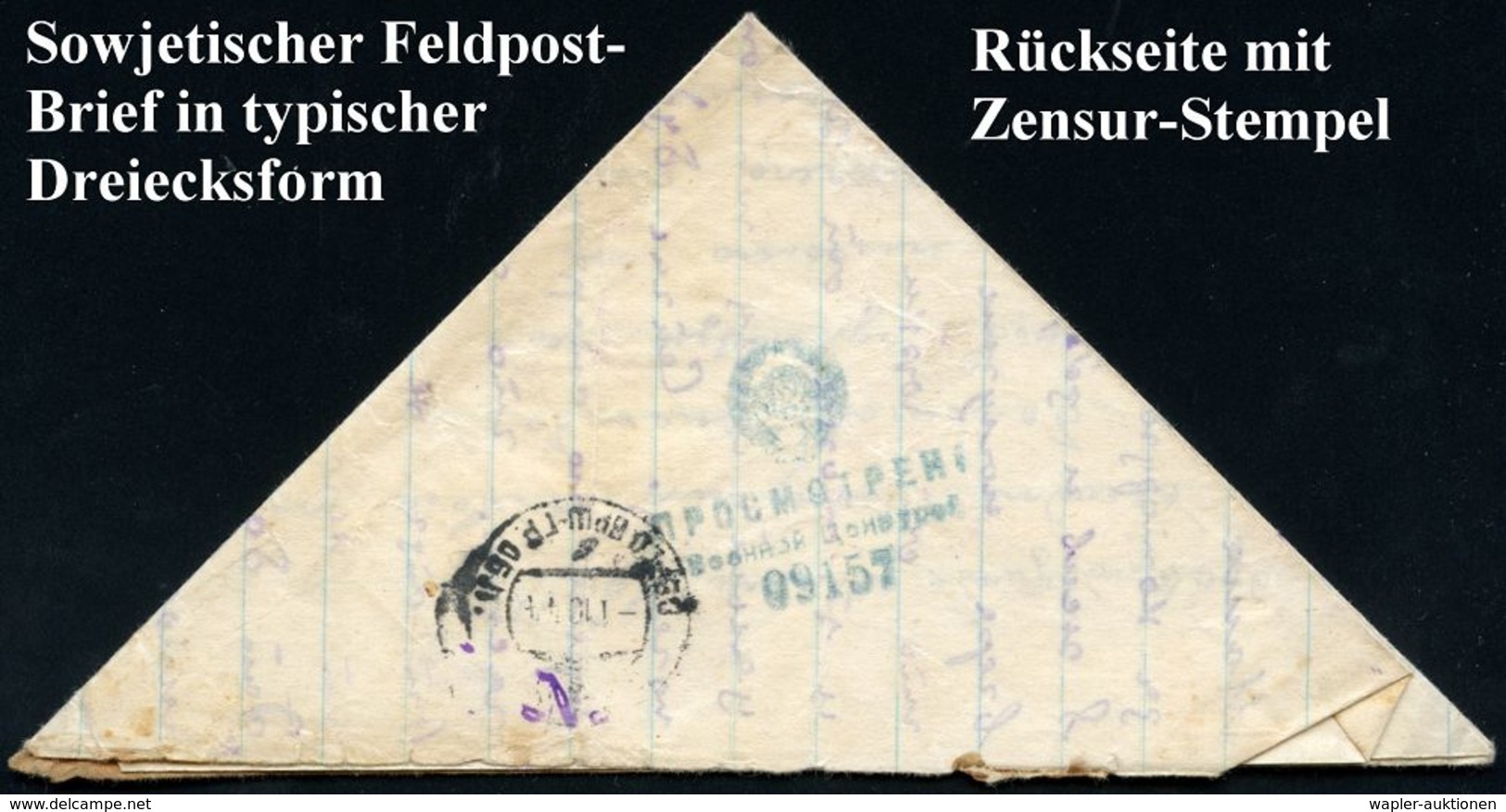 UdSSR 1944 (15.9.) Feldpost-1K Auf Dreieckigem Feldpost-Bf. Mit Inhalt, Rs. Blauer Zensur-HdN Nr. 09157 (Wo.1 A) Aus Let - 2. Weltkrieg