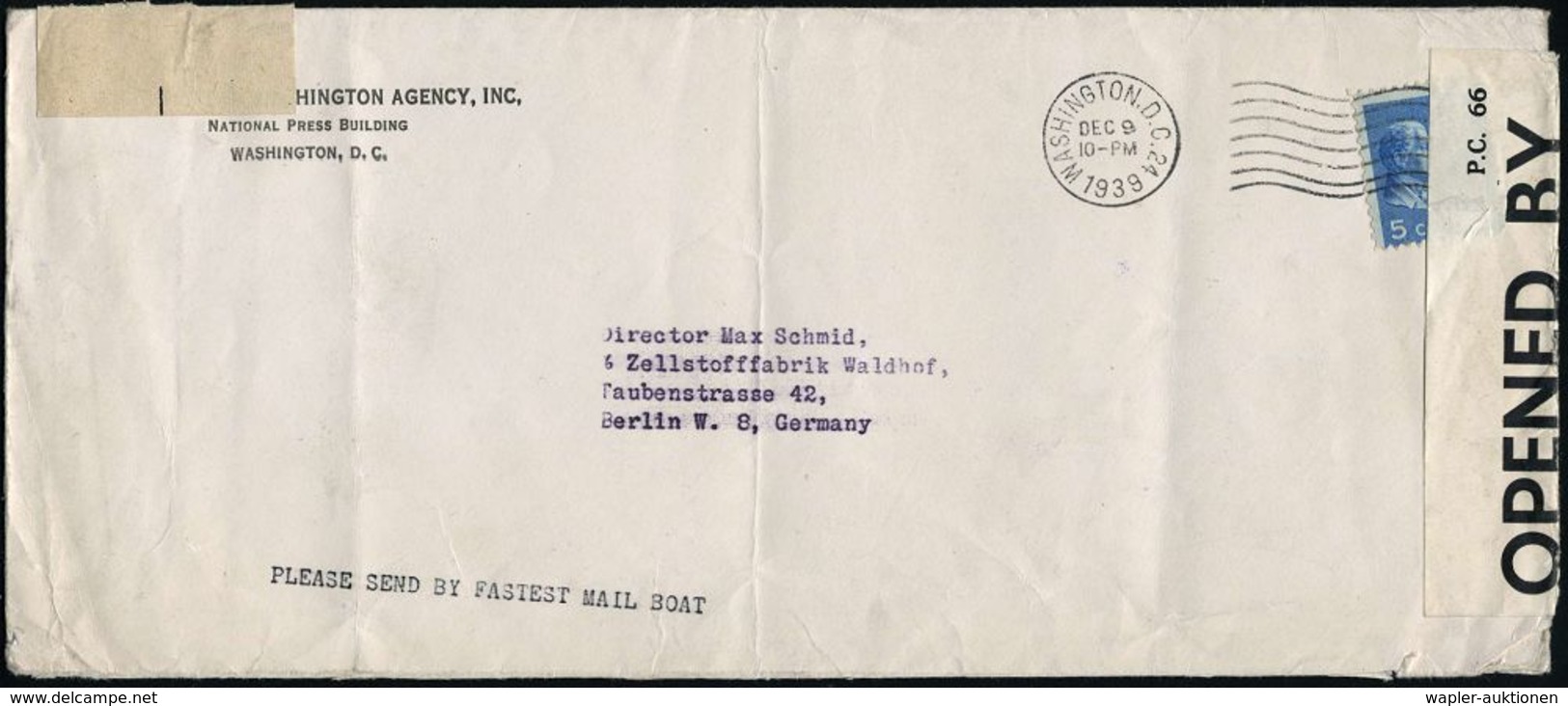 U.S.A. 1939 (9.12.) 5 C. Präsident + MaWellenSt.: WASHINGTON D.C. + 1L-Hinweis: PLEASE SEND BY FASTEST MAIL BOAT , Vordr - WO2