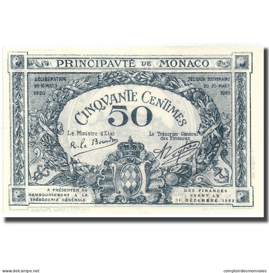 Billet, Monaco, 50 Centimes, 1920, 1920-03-20, KM:3a, NEUF - Monaco