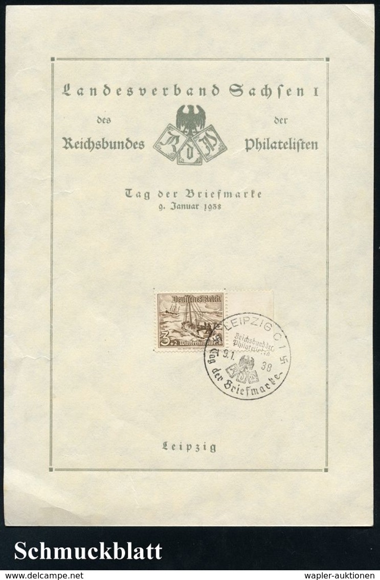 LEIPZIG C1/ RdPH/ Tag D.Briefmarke 1938 (9.1.) SSt Auf 3 + 2 Pf. WHW Auf Gedenkblatt: Landesverb. Sachsen I/Tag D.Briefm - Día Del Sello