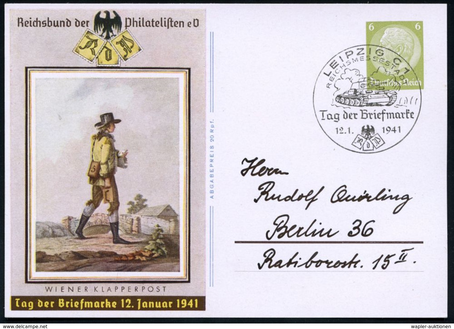 LEIPZIG C1/ REICHSMESSESTADT/ Tag D.Briefmarke 1941 (12.1.) SSt (Panzer II) Auf Sonder-P. 6 Pf. Hindenbg. Oliv: Tag Der  - Giornata Del Francobollo