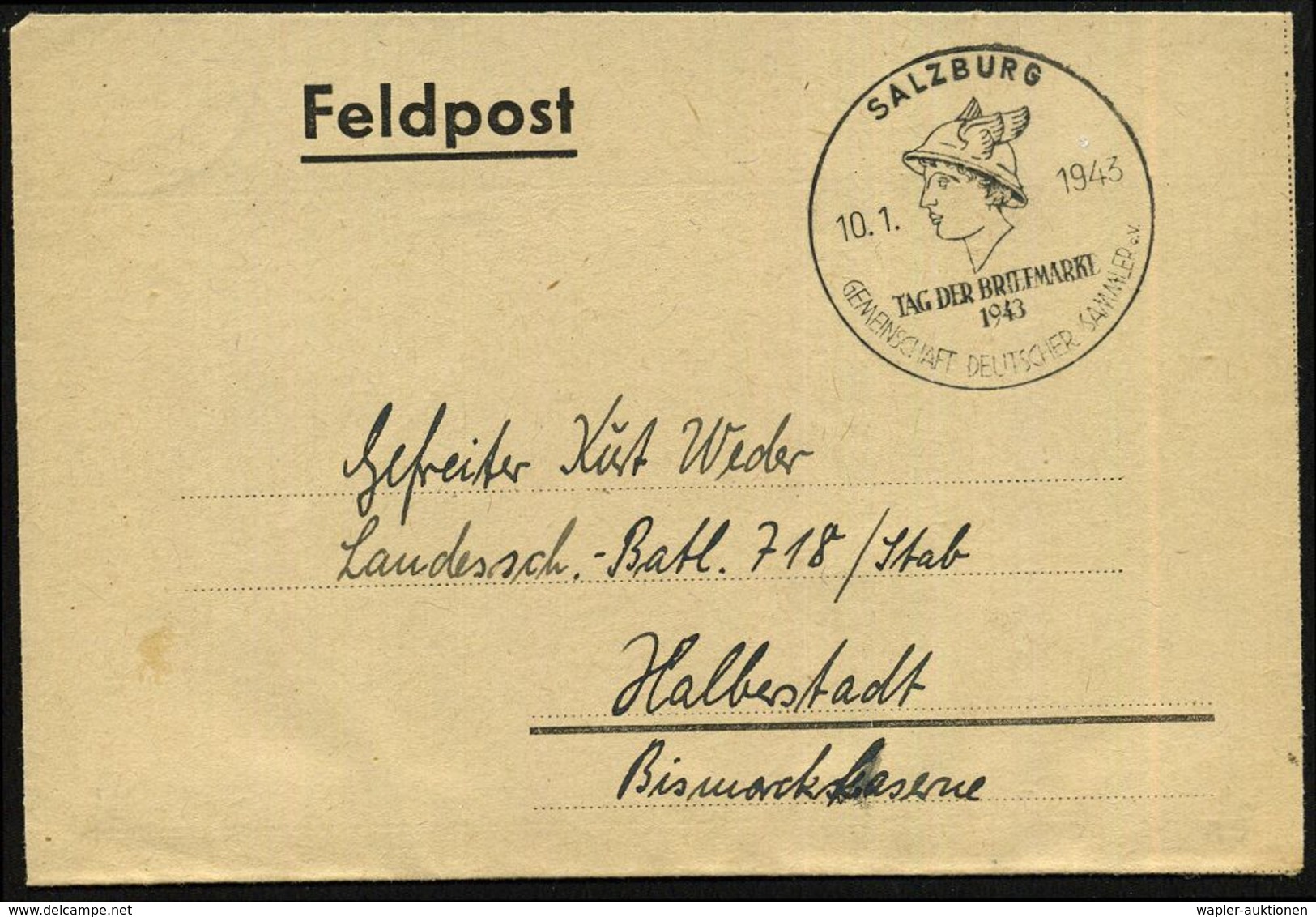 SALZBURG/ TAG DER BRIEFMARKE/ GDS 1943 (10.1.) SSt = Merkurkopf (mit Flügelhelm) Klar Auf Feldpost-Bf., War Eigentlich U - Día Del Sello