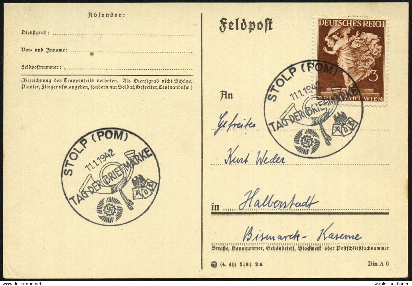 STOLP (POM)/ TAG DER BRIEFMARKE 1942 (11.1.) Seltener SSt (Posthorn, KdF-Logo Etc.) Klar Gest. Inl.-Kt. (Bo.15 = Seltene - Dag Van De Postzegel