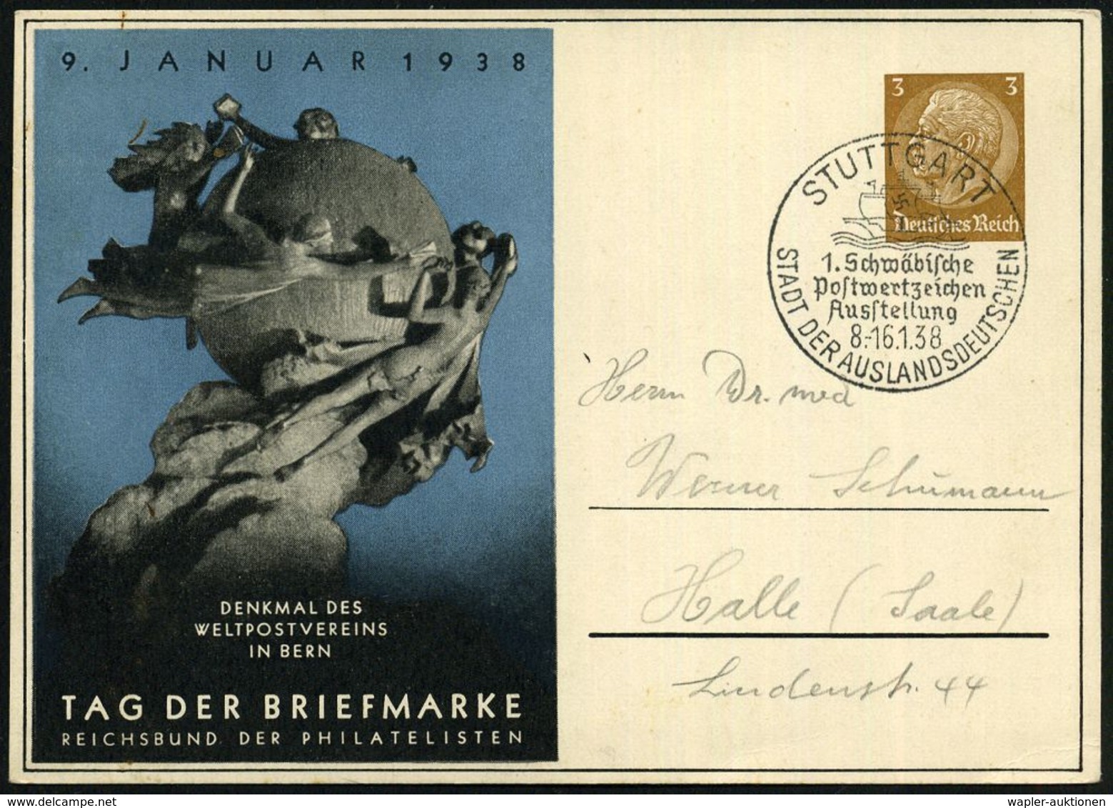 STUTTGART/ 1.Schwäbische Postwertz.Ausstellung/ SDA 1938 (Jan.) SSt Auf PP 3 Pf. Hindenbg., Braun: TAG DER BRIEFMARKE..  - Dag Van De Postzegel