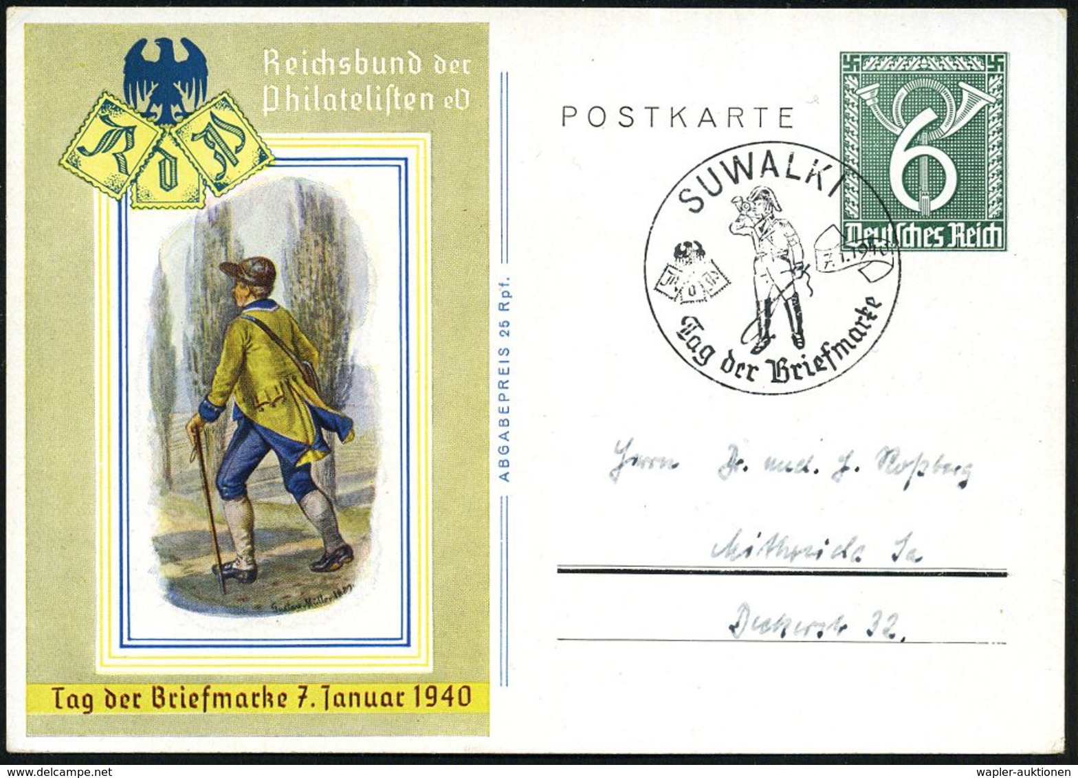 SUWALKI/ Tag Der Briefmarke 1940 (7.1.) SSt = Postillon (mit Posthorn U. Peitsche) Auf Sonder-P 6 Pf. Posthorn, Grün: Ta - Dag Van De Postzegel