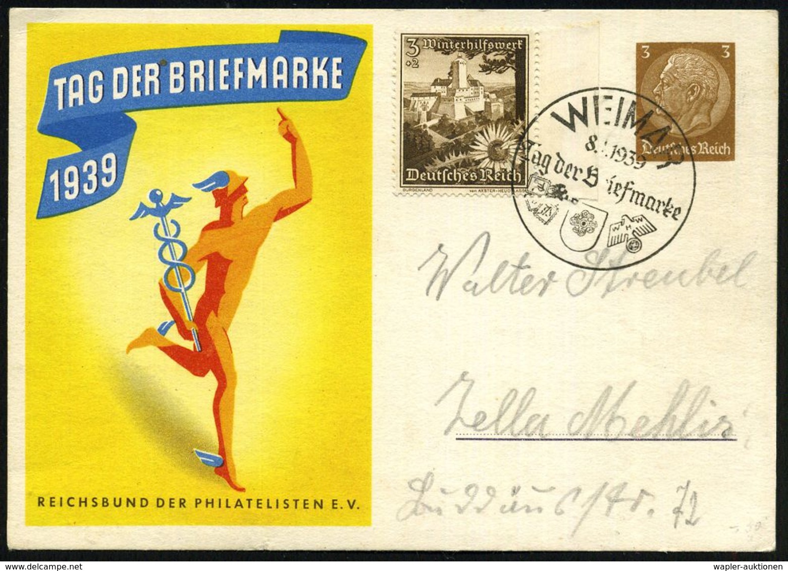 WEIMAR/ Tag D.Briefmarke 1939 (8.1.) SSt Auf Sonder-P 3 Pf. Hindenbg., Braun: TAG DER BRIEFMARKE.. = Merkur Blau/gelb/or - Dag Van De Postzegel