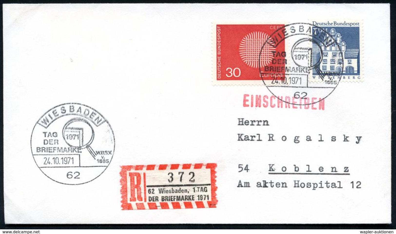 62 WIESBADEN/ TAG/ DER/ BRIEFMARKE.. 1971 (24.10.) SSt (Lupe) 2x + Sonder-RZ: 62 Wiesbaden, 1. TAG/DER BRIEF-MARKE 1971, - Dag Van De Postzegel