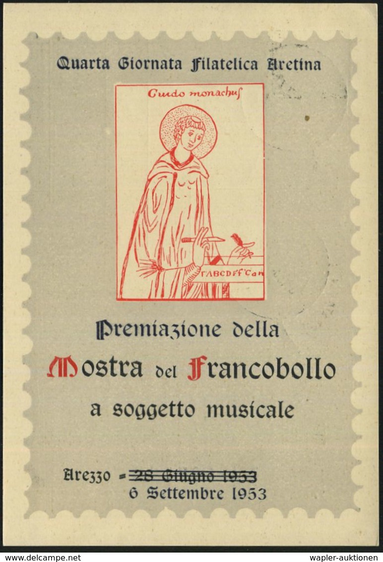 ITALIEN 1953 (6.9.) SSt: AREZZO/GIORNATA FILATELICA ARETINA = Tag Der Briefmarke , Zweifarbige Inl.-Sonder-Kt.: Hl. Guid - Giornata Del Francobollo