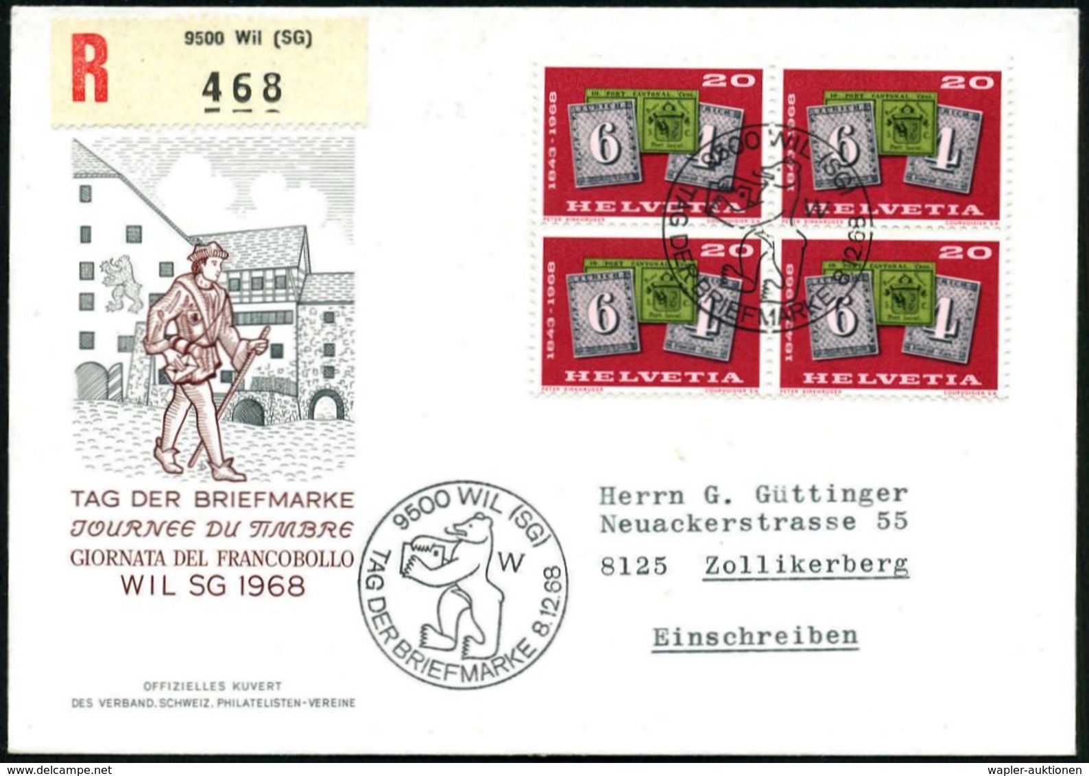 SCHWEIZ 1968 (8.12.) SSt: 9500 WIL (SG)/TAG DER BRIEFMARKE (Bär) Auf 4er-Bl. 20 C. "125 J. Briefmarke" (Mi.888 MeF), Inl - Giornata Del Francobollo