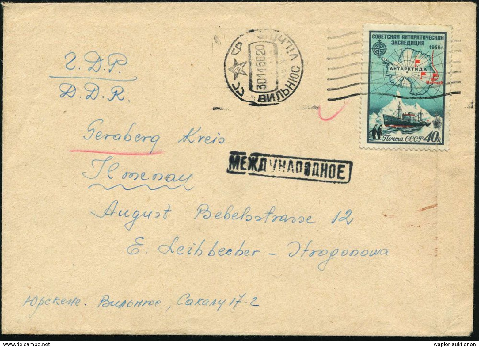 UdSSR 1956 (30.11.) 40 Kop. "sowjet. Antarktis-Expedition", EF , Sauber Gest. (VILNIUS) Ausl.-Bf.  (Mi.1891 EF) - - Antarctische Expedities