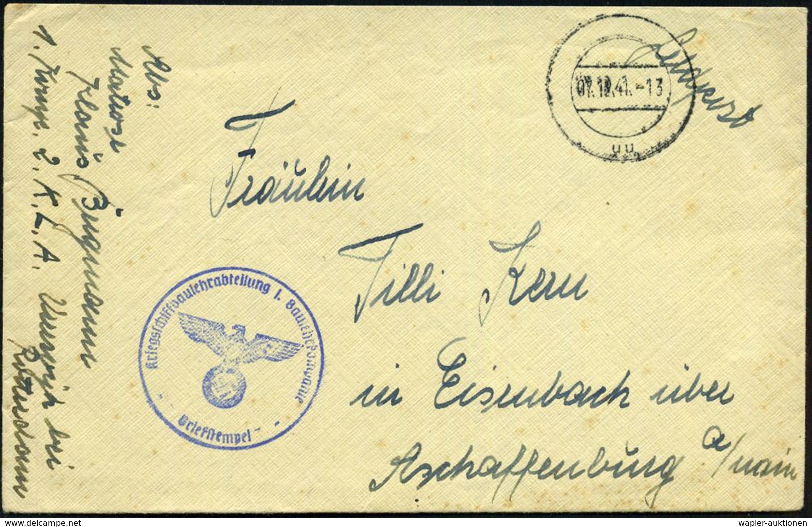 DT.BES.NIEDERLANDE 1941 (1.12.) Stummer 2K-Steg: "uu" = Tarnstempel Rotterdam + Blauer 1K-HdN: Kriegsschiffbaulherabteil - Maritime