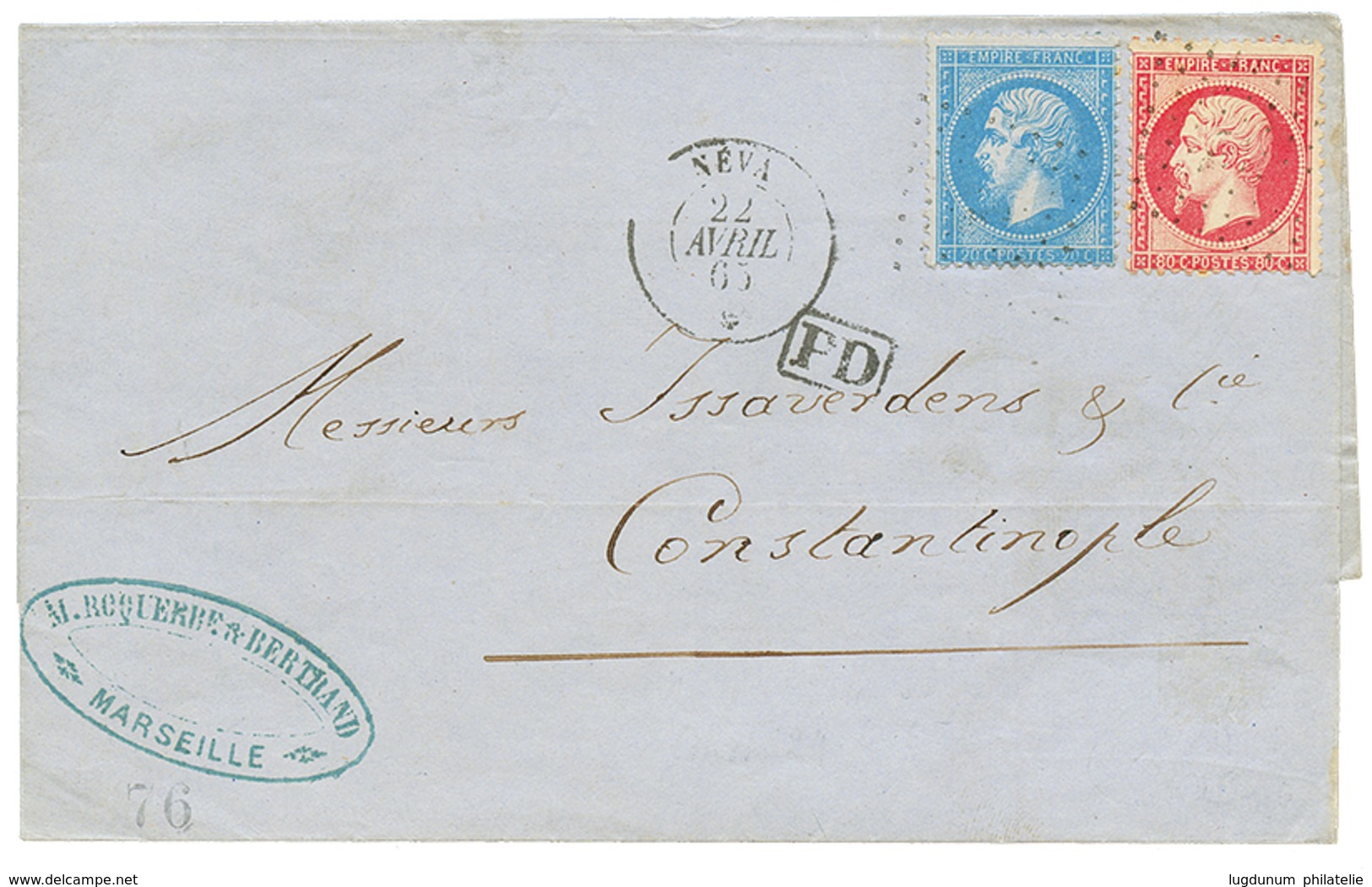 1865 20c(n°22) + 80c(n°24) Obl. ANCRE + NEVA 22 AVRIL 65 Sur Lettre Pour CONSTANTINOPLE. Double Port. TB. - Poste Maritime