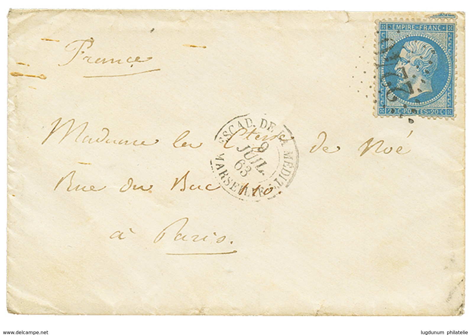 1863 20c Obl. GC 2240 + ESCAD. DE LA MEDIT. MARSEILLE Sur Enveloppe Avec Texte Daté "LE PIREE, A Bord Du REDOUTABLE" Pou - Poste Maritime