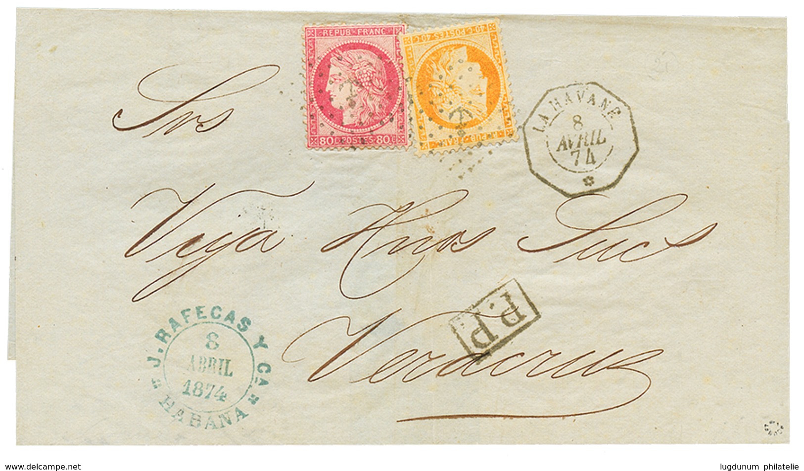 1874 40c SIEGE + 80c CERES Obl. ANCRE + LA HAVANE Sur Lettre Pour VERA-CRUZ(MEXIQUE). RARE. Superbe. - Poste Maritime