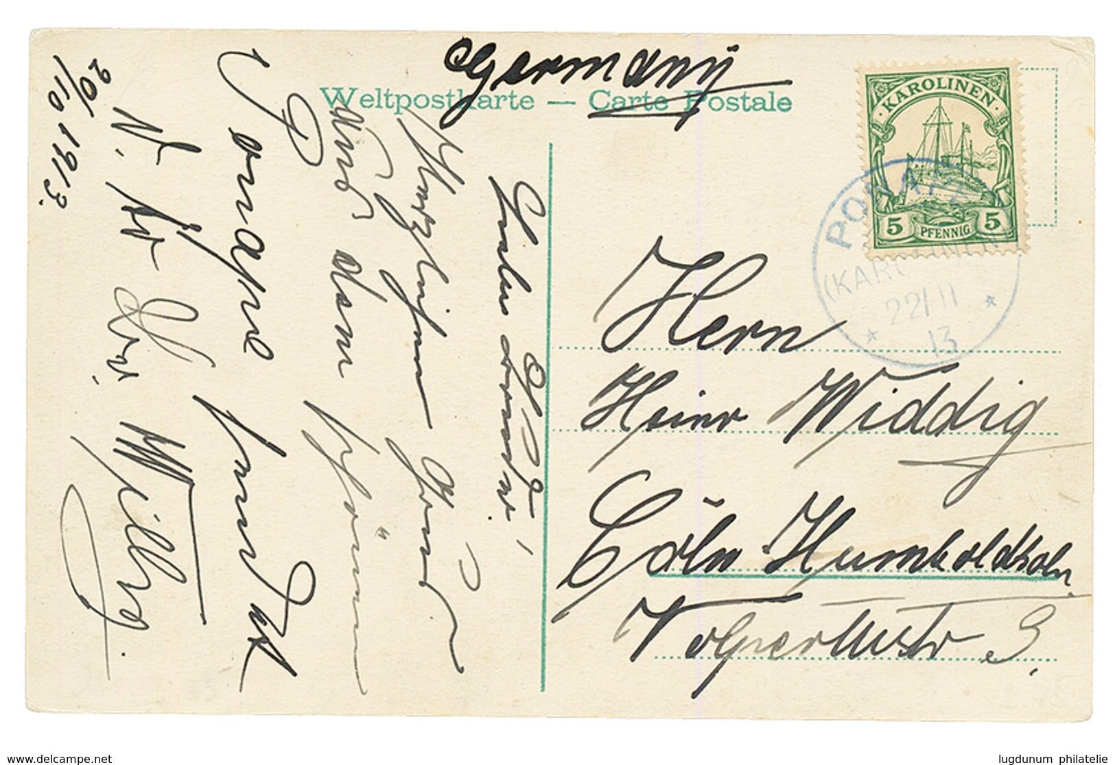 CAROLINES : 1913 5pf Canc. PONAPE KAROLINEN In Blue On Card To GERMANY. Signed LANTELME. Vvf. - Islas Carolinas