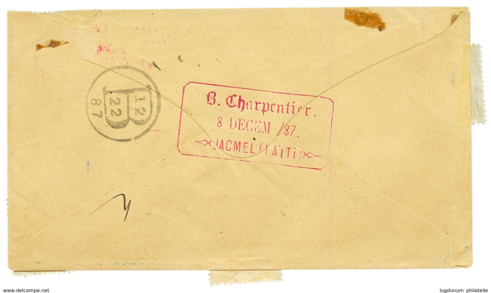 HAITI : 1887 2c + 7c(x4) Canc. JACMEL + Transit BARBADOS On Envelope To NEW YORK (USA). Some Faults. Vf. - Haïti