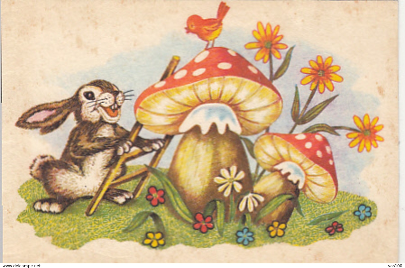 CPA MUSHROOMS, RABBIT, BIRD, FLOWERS, LADDER - Pilze