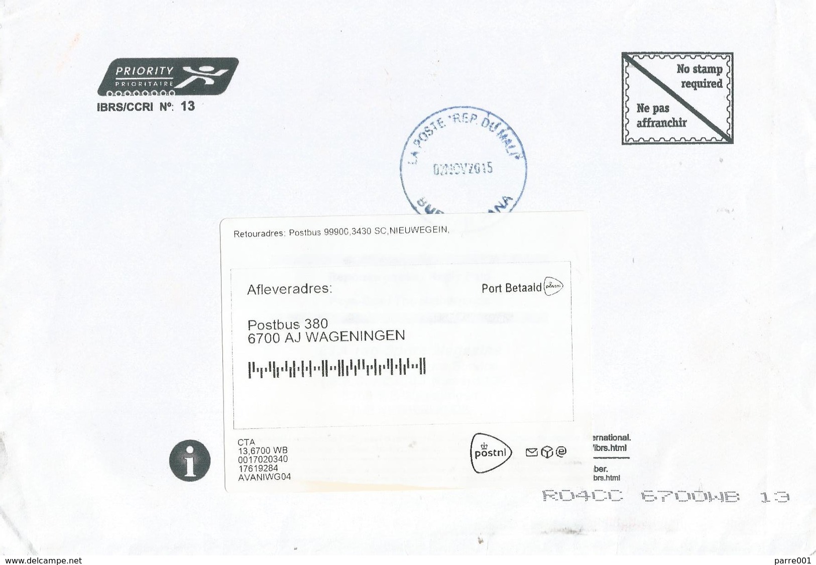 Mali 2015 Fana Unfranked Reply Paid UPU Regulation Explained On Cover - WPV (Weltpostverein)