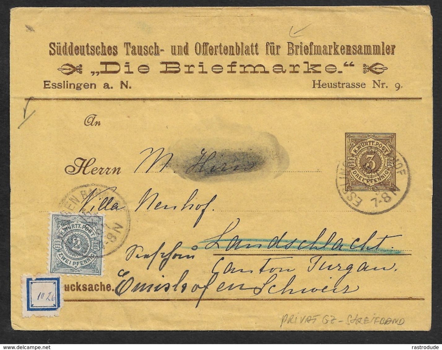 1894 - PRIVATE GANZSACHE STREIFBAND WÜRTTEMBERG - DIE BRIEFMARKE In Die SCHWEIZ - Postal  Stationery