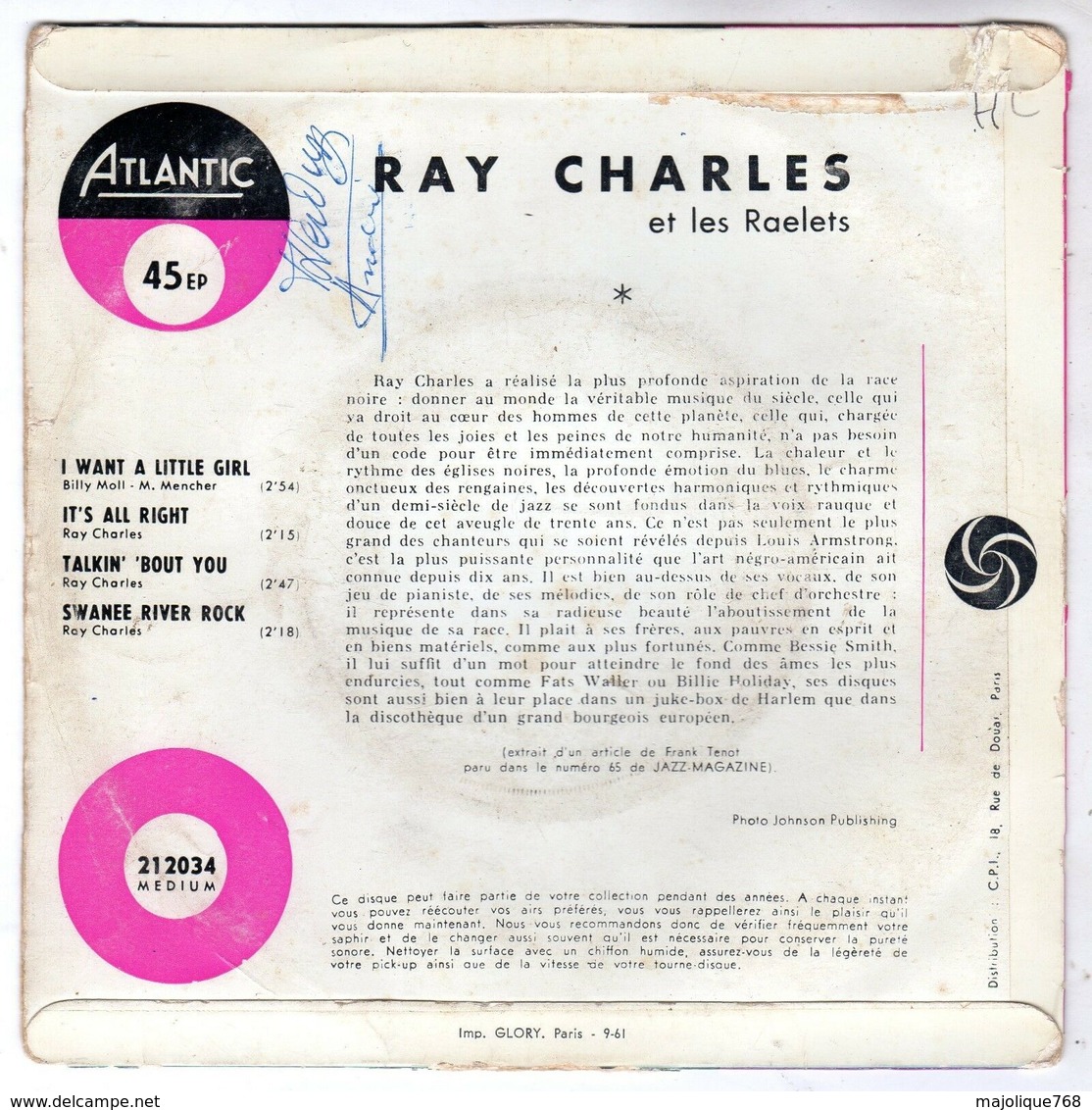 Pochette Sans Disque - Ray Charles - I Want A Little Girl - Atlantic 212034 - 1961 - Accessories & Sleeves