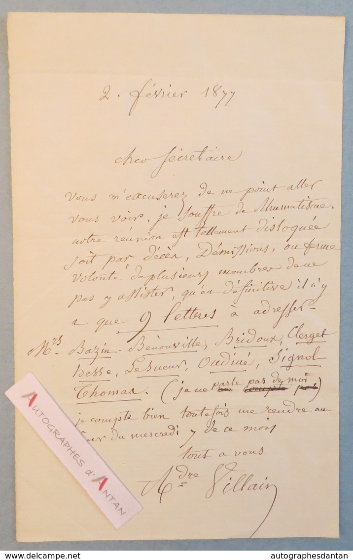 L.A.S 1877 André VILLAIN Peintre Lettres Bazin Bénouville Bridoux Clerget Besse Lesueur Signol Oudiné Lettre Autographe - Schilders & Beeldhouwers