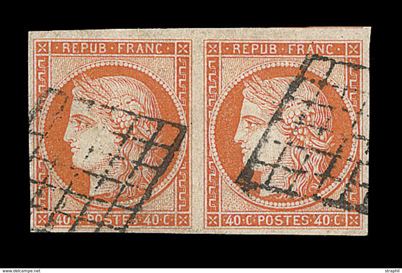 O EMISSION CERES 1849 - O - N°5 - 40c Orange - Grille - Paire - Signé Scheller - TB - 1849-1850 Cérès