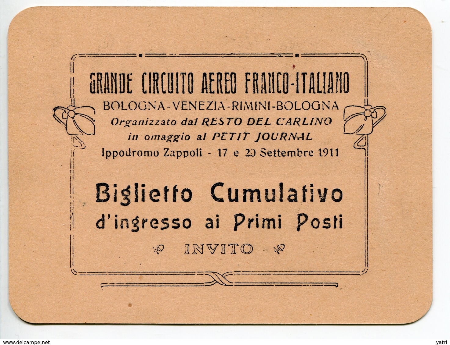 Aerofilatelia Italiana (17-20.9.1911) - Circuito Aereo Di Bologna, Biglietto D'ingresso Ai Primi Posti - Marcophilie (Avions)