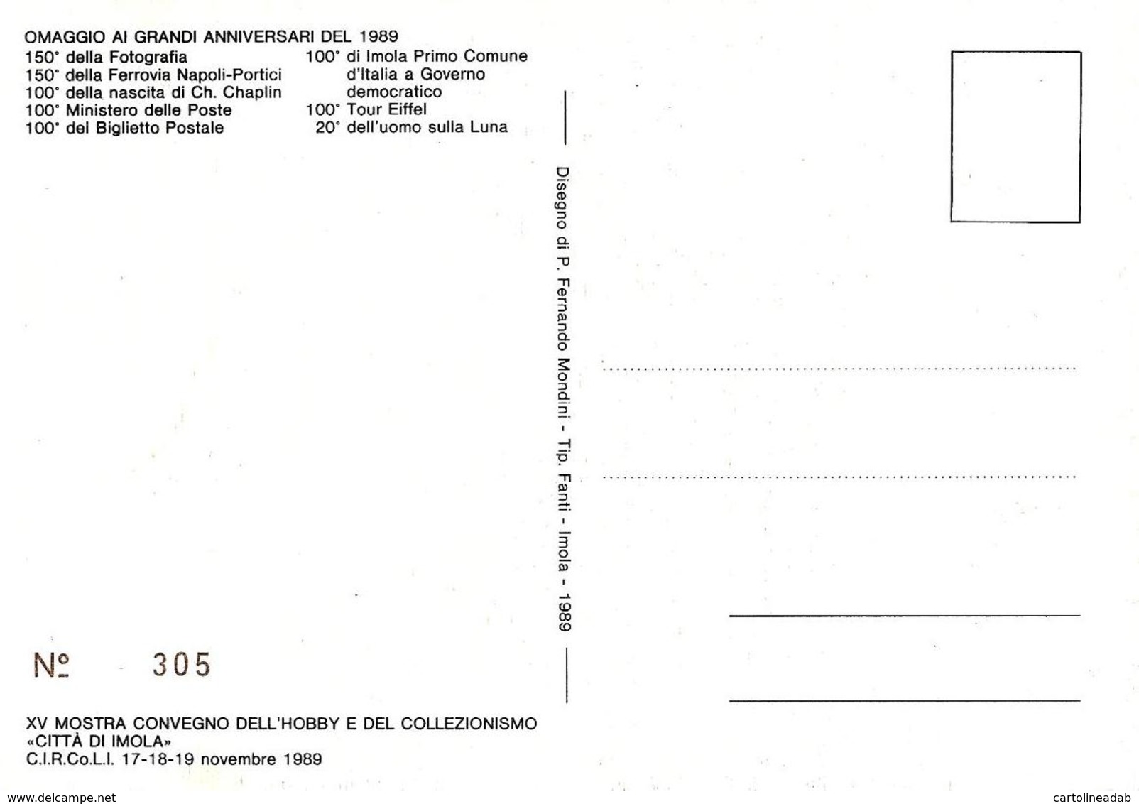 [MD3460] CPM - IMOLA - XV MOSTRA CONVEGNO DELL'HOBBY E DEL COLLEZIONISMO - DIS. FERNANDO MONDINI - NUMERATA 305 - NV - Imola